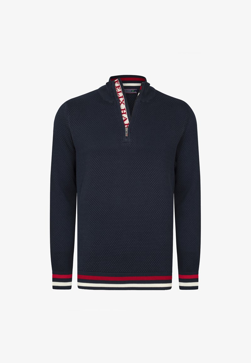 Marineblauer Pullover mit strukturiertem Strick, halbem Reißverschluss und einem Kragen mit einem roten und weißen Logo. Rippstrickbündchen mit roten und weißen Streifen.