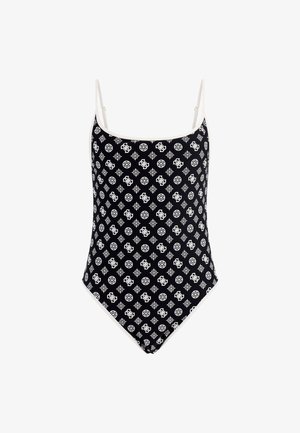 Črn enodelni kopalnik z belim geometrijskim vzorcem, nastavljivimi naramnicami in kontrastnim belim robom ob izrezu in robovih.