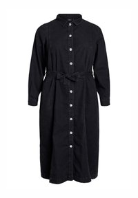 Mustmustärkiline midi sär dresses, millel on krae, lillelised nupud ees ja vööga nöörimine vööl.