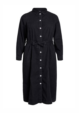 Schwarzes, langärmliges Midi-Hemd Kleid mit Kragen, blumigen Knöpfen auf der Vorderseite und einem gebundenen Stoffgürtel in der Taille.