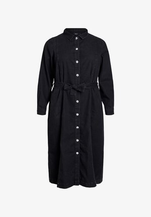 Abito midi nero a maniche lunghe con colletto, bottoni floreali lungo il davanti e una cintura di tessuto annodata in vita.