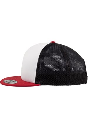 Baseballcap mit rohem Schirm, weißem Vorderpanel und schwarzem Netzrücken. Auffällig durch seine strukturierte Form und den Snapback-Verschluss.