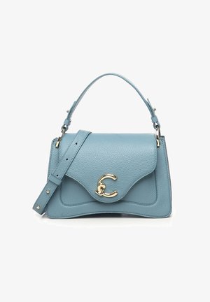 Blauwe leren handtas met een gestructureerd ontwerp, gouden beslag, een bovenhandvat en een verstelbare riem. Heeft een kenmerkende gebogen klep.