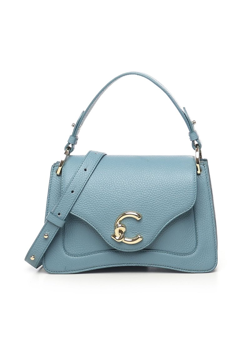 Borsa a mano in pelle blu con design strutturato, dettagli in metallo dorato, manico superiore e tracolla regolabile. Presenta una patta curva distintiva.