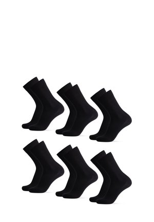 Seis pares de calcetines de algodón negro con un puño acanalado y una textura suave, que presentan un diseño clásico de longitud media.