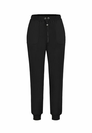 Pantaloni jogger neri a taglio affusolato con vita elastica, coulisse frontale, due tasche applicate davanti e polsini elastici alle caviglie.