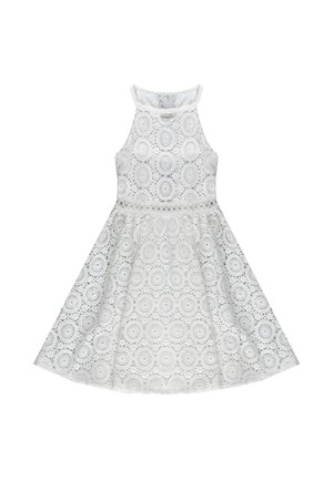 Abito bianco senza maniche con motivi circolari in pizzo, vita aderente e gonna svasata, con scollo alto e chiusura con bottone.