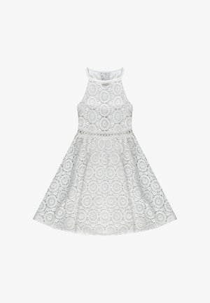Abito bianco senza maniche con motivi circolari in pizzo, vita aderente e gonna svasata, con scollo alto e chiusura con bottone.