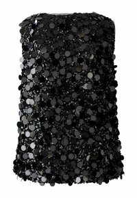 Schwarzes, trägerloses Minikleid, das dicht mit großen und kleinen glänzenden schwarzen Pailletten bedeckt ist.