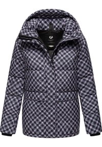 Vadderad jacka i svart och lavendelfärgad houndstooth-mönster, med dragkedjestängning, hög krage och elastiska manschetter för extra värme.