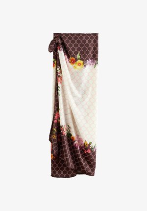 Foulard en soie avec motif alvéolaire brun, centre blanc, et bordure florale vibrante aux tons jaunes, roses, rouges et violets.