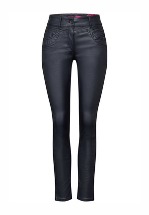 Jeans skinny neri in ecopelle con vita alta, design a cinque tasche e dettagli cuciti sulle tasche frontali. Superficie liscia ovunque.