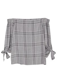 Sorte og hvide ternede off-the-shoulder bluse med puffede ærmer, der har bindebånd ved manchetterne og en afslappet pasform.