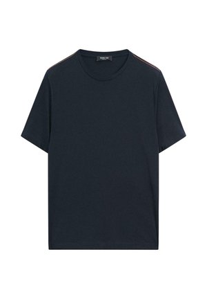 Navy blue t-shirt made of soft cotton, featuring a round neck, short sleeves, and subtle accent stripes along the shoulders.
