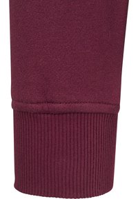 Bordeauxfarbener Baumwollpullover mit geripptem Bündchen und doppelt genähtem Saum, der eine glatte Oberflächenstruktur und einen taillierten Schnitt präsentiert.