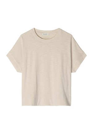 Beige T-shirt met korte mouwen en een ronde hals, gemaakt van subtiel gestructureerde stof en met omgevouwen manchetten aan de mouwen.