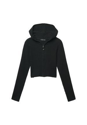 Felpa nera corta con texture a coste, maniche lunghe e zip frontale. Presenta un cappuccio e un design minimalista.