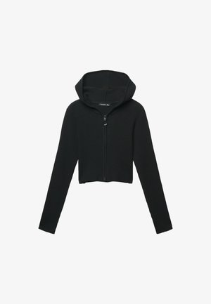 Felpa nera corta con texture a coste, maniche lunghe e zip frontale. Presenta un cappuccio e un design minimalista.