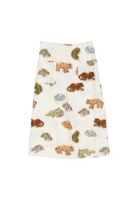 Una gonna al ginocchio in tessuto leggero, con una base color crema e motivi colorati di animali e paisley. Due tasche sul davanti.
