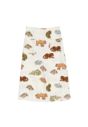 A knee-length skirt in lightweight fabric, featuring a cream base with colorful animal and paisley patterns. Two pockets on the front.