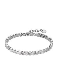 Bracciale in argento con anelli arrotondati intervallati da cristalli trasparenti circolari, chiuso con un gancio a molla e catena di estensione.