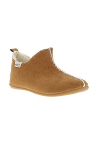Mocassin en suede beige avec une doublure en polaire douce, forme arrondie et couture blanche décorative le long du bord. Semelle en caoutchouc flexible pour l'adhérence.