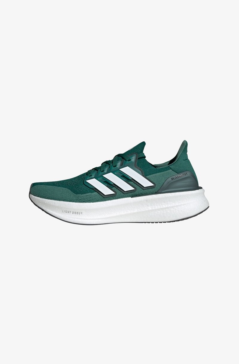 Green athletic shoe featuring a knitted upper, white three-stripe design, lightweight cushioning, and textured rubber sole.