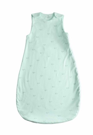 Lichtblauwe mouwloze baby slaapzak met kleine vissenprints en drukknoopjes op de schouders.