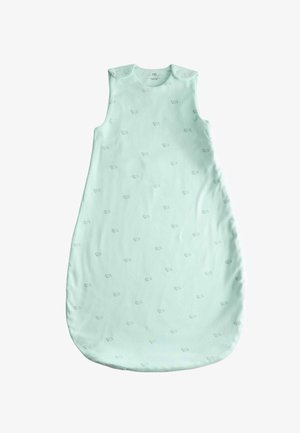 Lyseblå ærmeløs babypose med små fiskemønstre og knapper ved skuldrene.