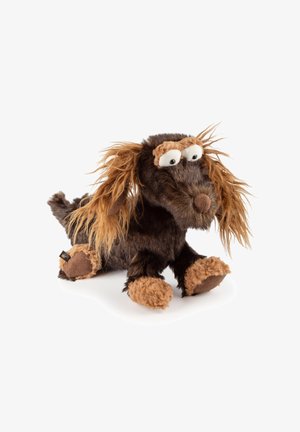 Plush brown dachshund with light brown accents, floppy fur, large eyes, and a rounded tail. Soft texture with detailed facial features.