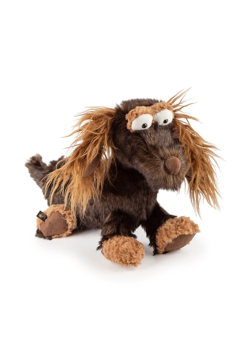 Plush brown dachshund with light brown accents, floppy fur, large eyes, and a rounded tail. Soft texture with detailed facial features.