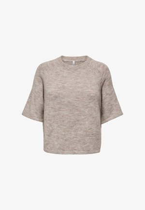 Lys beige strikket sweater med en afslappet pasform, korte ærmer og rund halsudskæring. Blødt, struktureret stof med et meleret mønster.