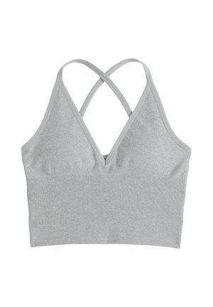 Grauer sportlicher Bralette aus weicher, texturierter Baumwolle. Er hat einen V-Ausschnitt und gekreuzte Träger auf dem Rücken für zusätzlichen Halt.