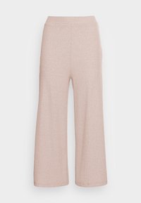 Light pink ribbed wide-leg pants with a high, elastic waistband and soft texture, designed for comfortable fit and easy movement.