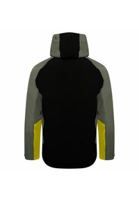 Veste à capuche avec un corps noir, des manches vertes et des accents jaunes. Elle possède une texture mate et un dos légèrement allongé.