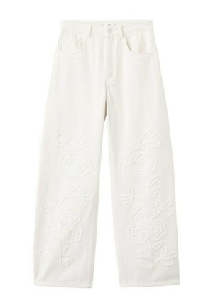 Pantalon blanc à jambes larges avec une broderie florale subtile sur le devant des jambes, doté de poches avant et d'une taille à fermeture par bouton.