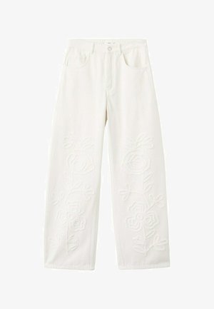 Pantalon blanc à jambes larges avec une broderie florale subtile sur le devant des jambes, doté de poches avant et d'une taille à fermeture par bouton.