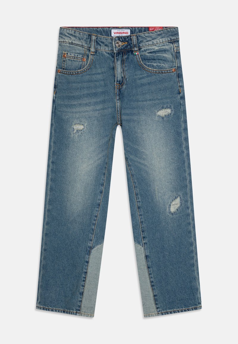 Lys blå denimjeans med avslappet passform, med slitte detaljer og en kontrasterende lys blå panel på nedre ben.