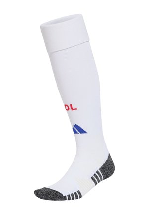Weißer knielanger Sportsocken mit schwarz verstärkter Zehen- und Fersenpartie, mit rotem und blauem aufgedrucktem Text und Logos an der Wade.