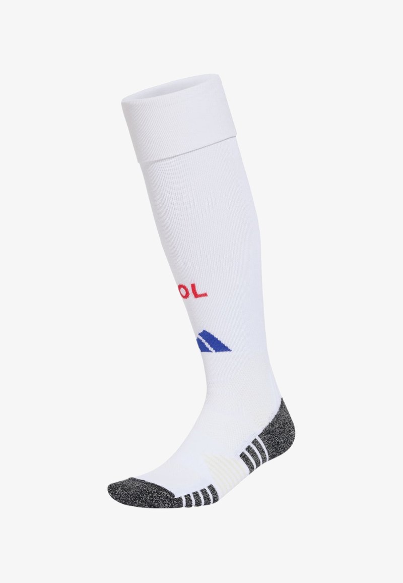 Chaussette de sport blanche montant jusqu'au genou avec renfort noir au niveau des orteils et du talon, avec texte et logos imprimés en rouge et bleu sur le mollet.