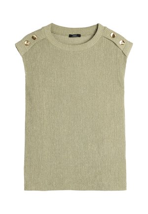 Dzianinowy top z krótkim rękawem w jasnym zielonym kolorze, z prążkowaną strukturą i złotymi ozdobnymi guzikami na ramieniu. Posiada okrągły dekolt.