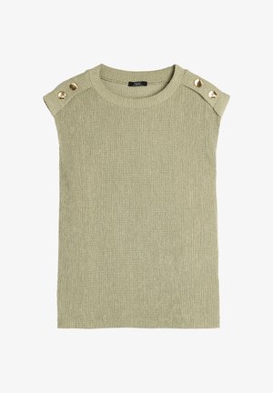 Dzianinowy top z krótkim rękawem w jasnym zielonym kolorze, z prążkowaną strukturą i złotymi ozdobnymi guzikami na ramieniu. Posiada okrągły dekolt.