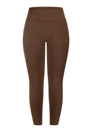 Brune leggings med høj talje og glat tekstur, der har en sidelomme og en tætsiddende pasform, som ender ved anklen.