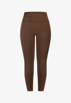 Leggings marroni a vita alta con una texture liscia, caratterizzati da una tasca laterale e un design aderente che termina alla caviglia.