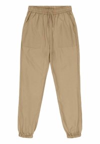 Beige bomulds joggerbukser med elastisk talje, snor og to frontlommer. Taperede cuffed ved anklerne. Glat tekstur.