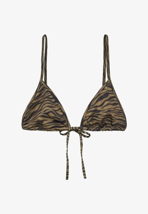Háromszög alakú bikini felsőrész barna és fekete tigriscsíkos mintával, vékony állítható vállpántokkal és elöl megkötős záródással.