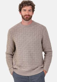 Pull en tricot beige avec un motif texturé en tissage panier, col rond et poignets côtelés. Tissu doux et coupe décontractée.