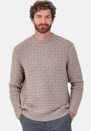 Beiger Strickpullover mit strukturiertem Korbmuster, Rundhalsausschnitt und gerippten Bündchen. Weicher Stoff und lockere Passform.