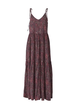 Robe maxi à motif floral, avec un décolleté en V profond, des bretelles spaghetti réglables, une taille froncée et une jupe à volants dans des teintes sombres.