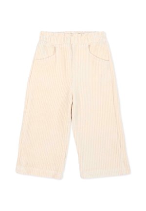 Pantalon large couleur crème avec fines côtes verticales, ceinture élastique et poches avant.